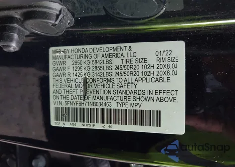 2022 Honda Pilot Awd Black Edition from USA, damaged, VIN 5FNYF6H71NB034463
